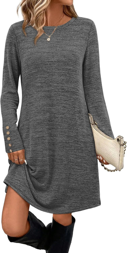 Long Sleeve Dress for Women Crew Neck Tunic Dress with Pockets Decorative Buttons