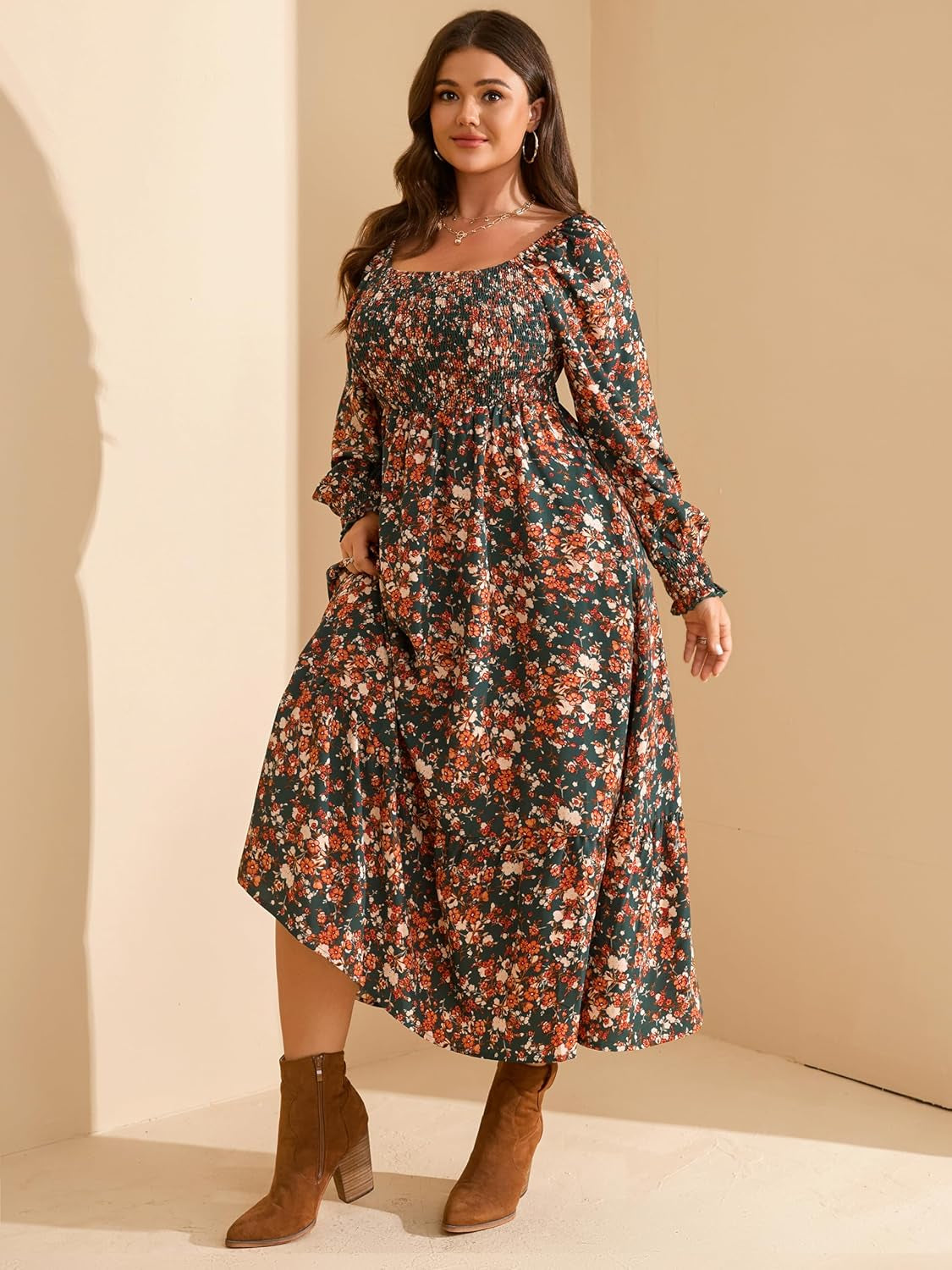 Women'S plus Size Fall Dress Long Sleeve Square Neck Floral Print Smocked a Line Boho Flowy Maxi Dresses with Pockets
