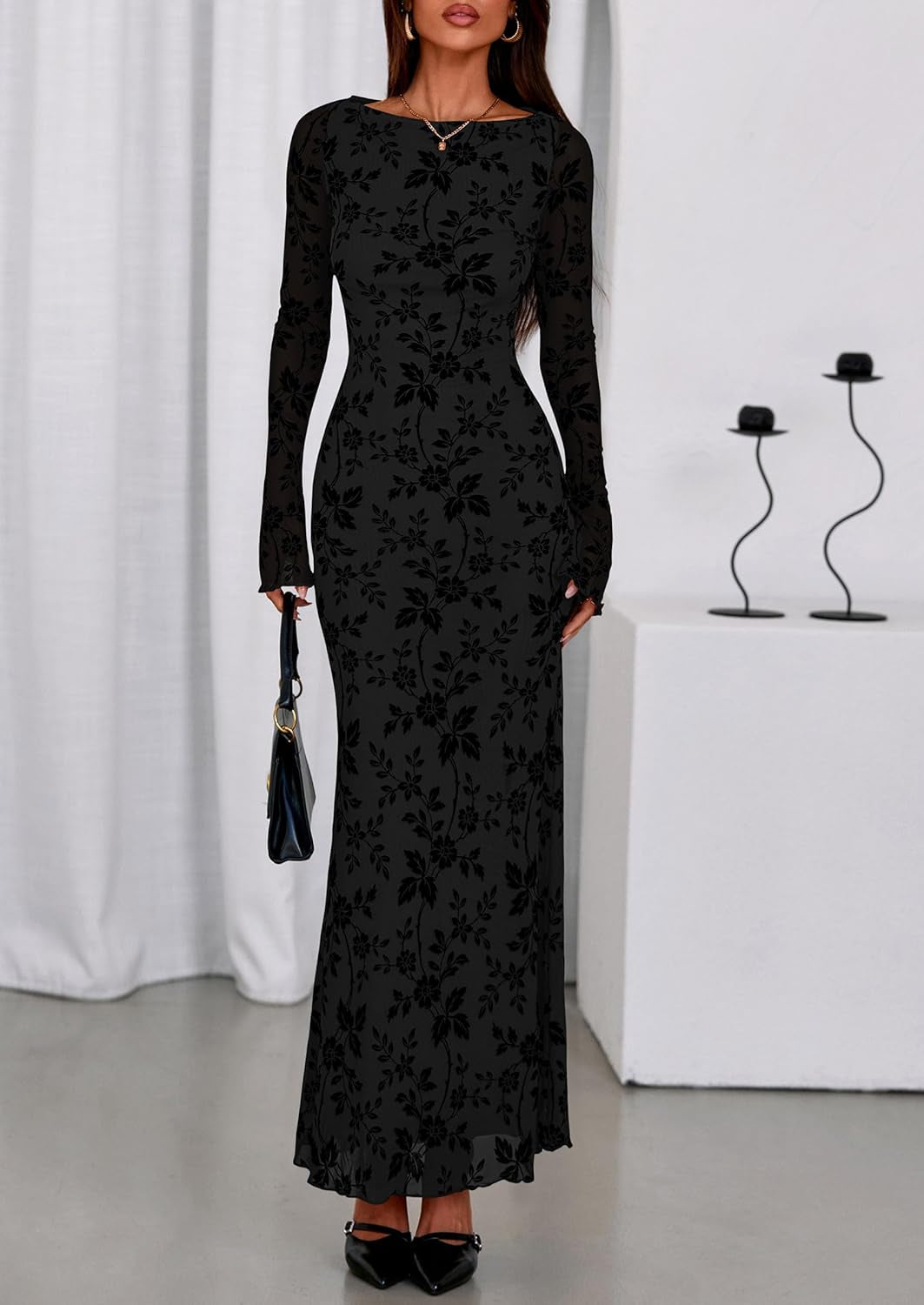 Women'S Floral Bodycon Maxi Dress 2025 Fall Elegant Mesh Long Sleeve Formal Wedding Guest Cocktail Dresses