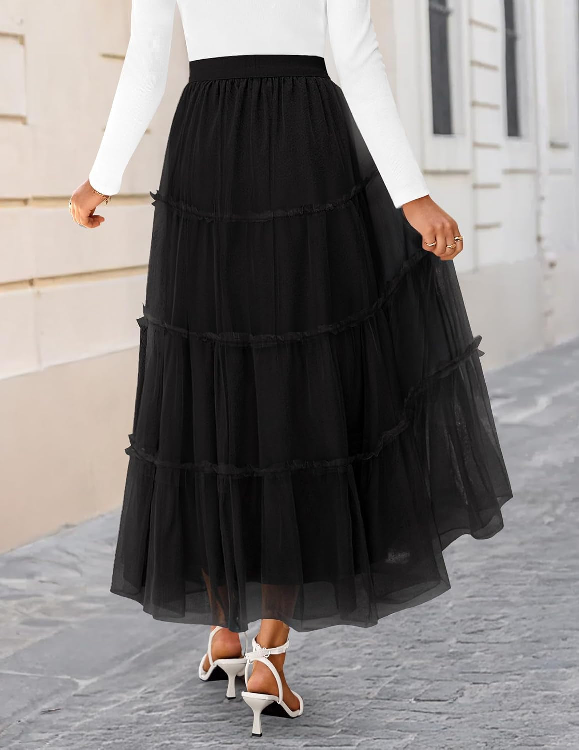 Women'S Tulle Maxi Skirt A-Line Flowy Ruffle Tiered Elastic High Waist 2025 Fall Fahion Midi Long Skirts