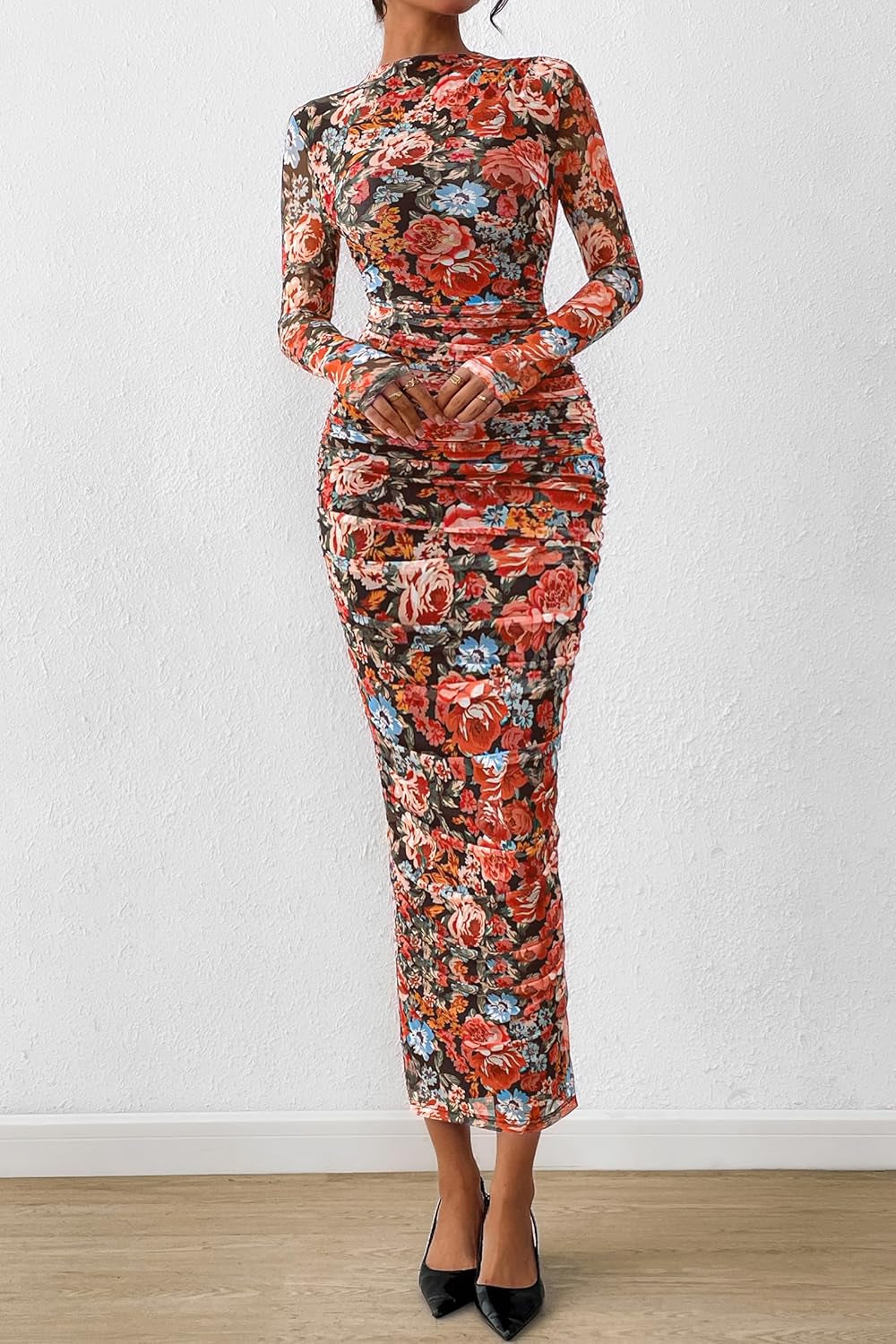 Women'S Long Sleeve Maxi Dress 2025 Fall Ruched Bodycon Floral Mesh Formal Wedding Guest Cocktail Party Dresses
