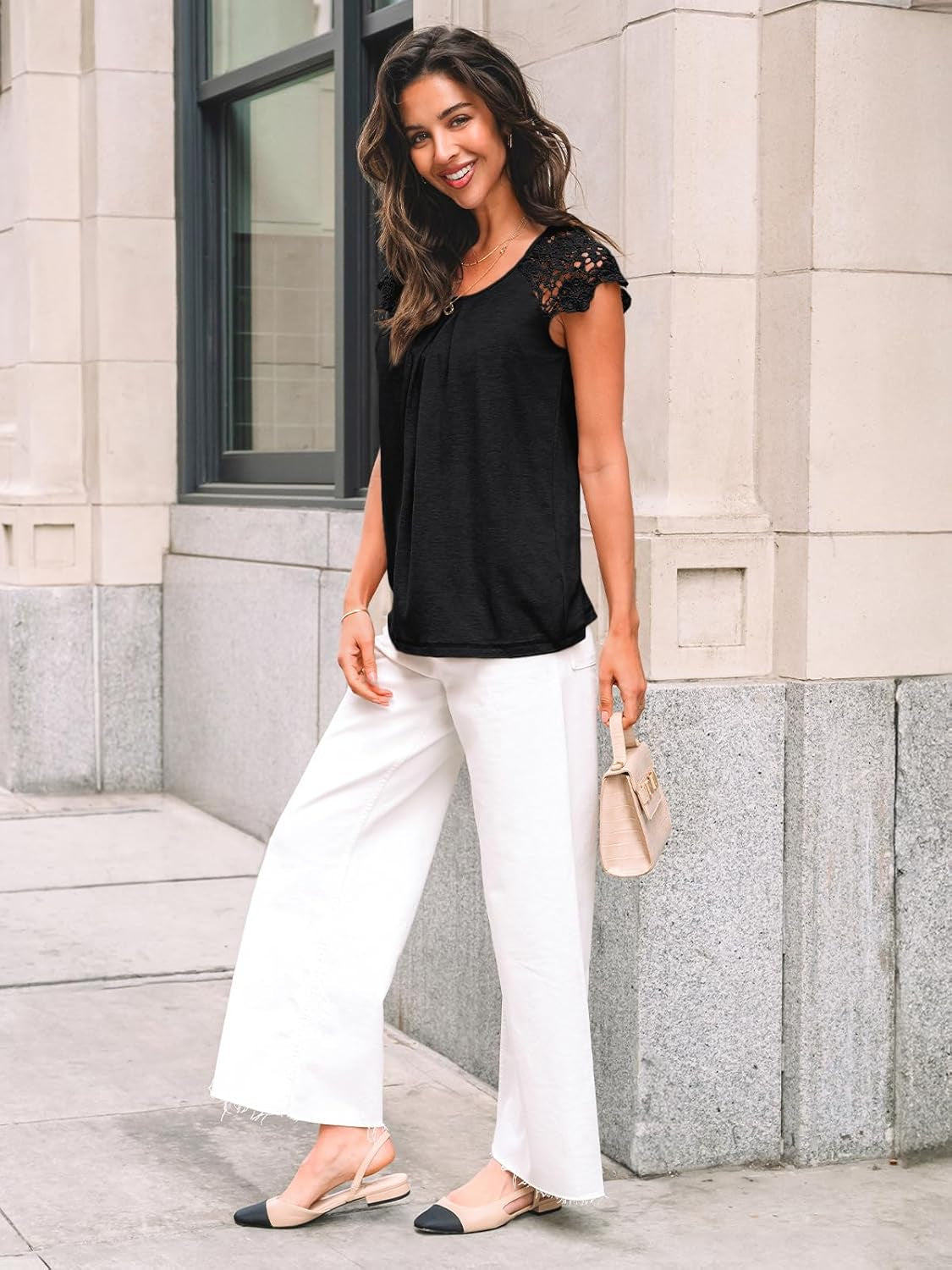 Womens Lace Tops Pleated Short Sleeve Shirts Summer Business Casual Dressy Blouses