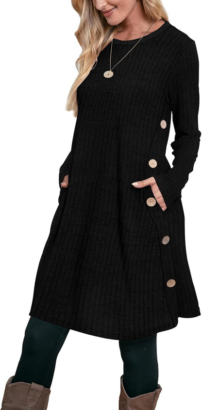 Fall and Winter Tunic Dress with Pockets Long Sleeve Crew Neck Buttons Side