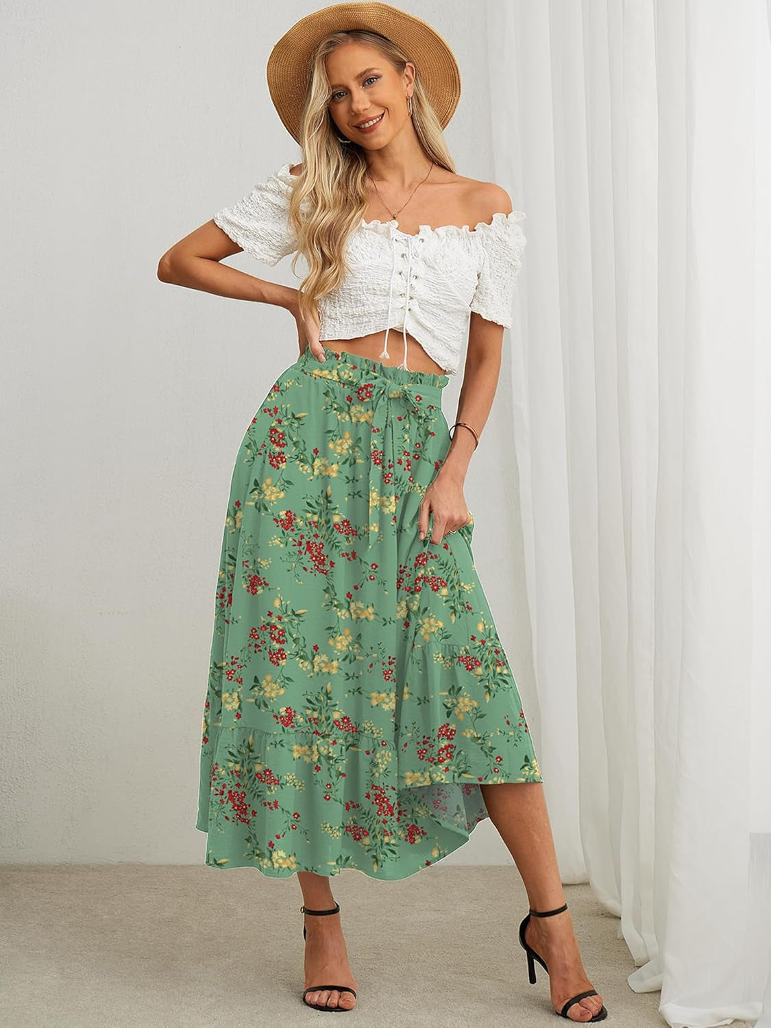 Women'S Maxi Skirt Casual a Line High Waisted Tied Adjustable Flowy Elegant Vocation Beach Long Skirt with Pocket