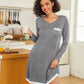 Womens Long Sleeve Nightgowns V Neck Sleepshirts Lace Nightshirts Casual T-Shirt Sleep Dress with Pocket