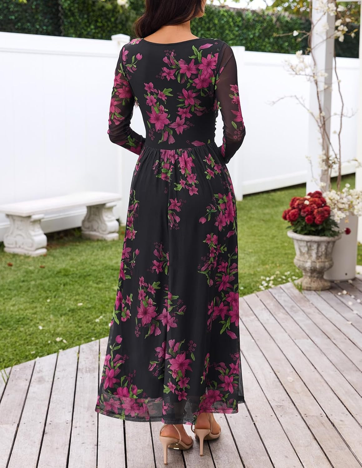 Women'S Long Sleeve Fall Wedding Guest Dress 2025 Crewneck Floral Flowy Mesh Cocktail Maxi Dresses