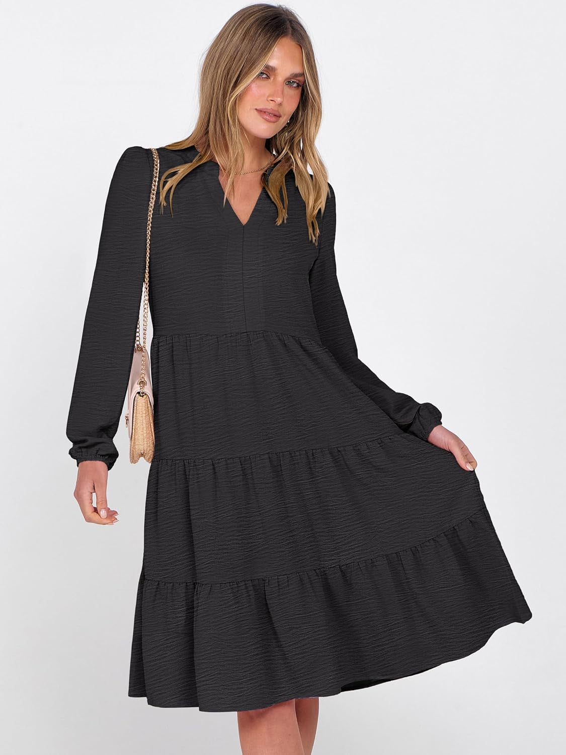 Womens Fall Midi Dresses Long Sleeve V Neck Swing Tiered Work Business Casual 2025 Flowy Beach Vacation Dress
