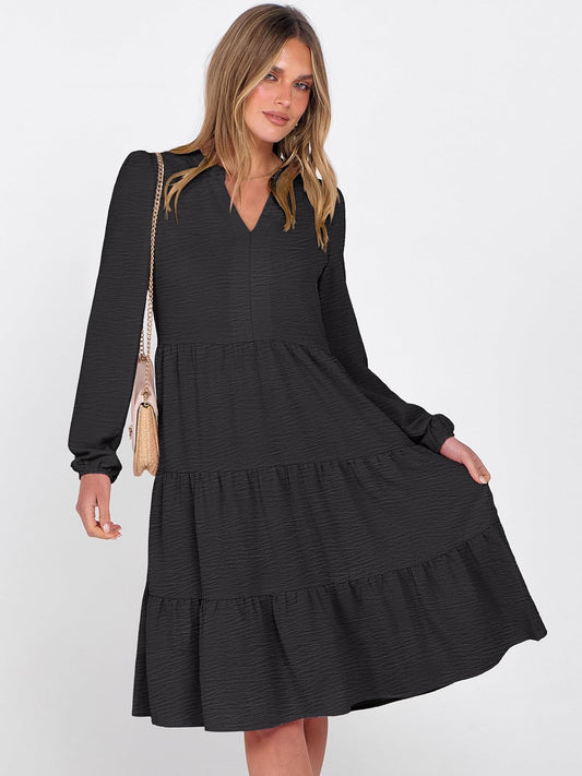 Womens Fall Midi Dresses Long Sleeve V Neck Swing Tiered Work Business Casual 2025 Flowy Beach Vacation Dress