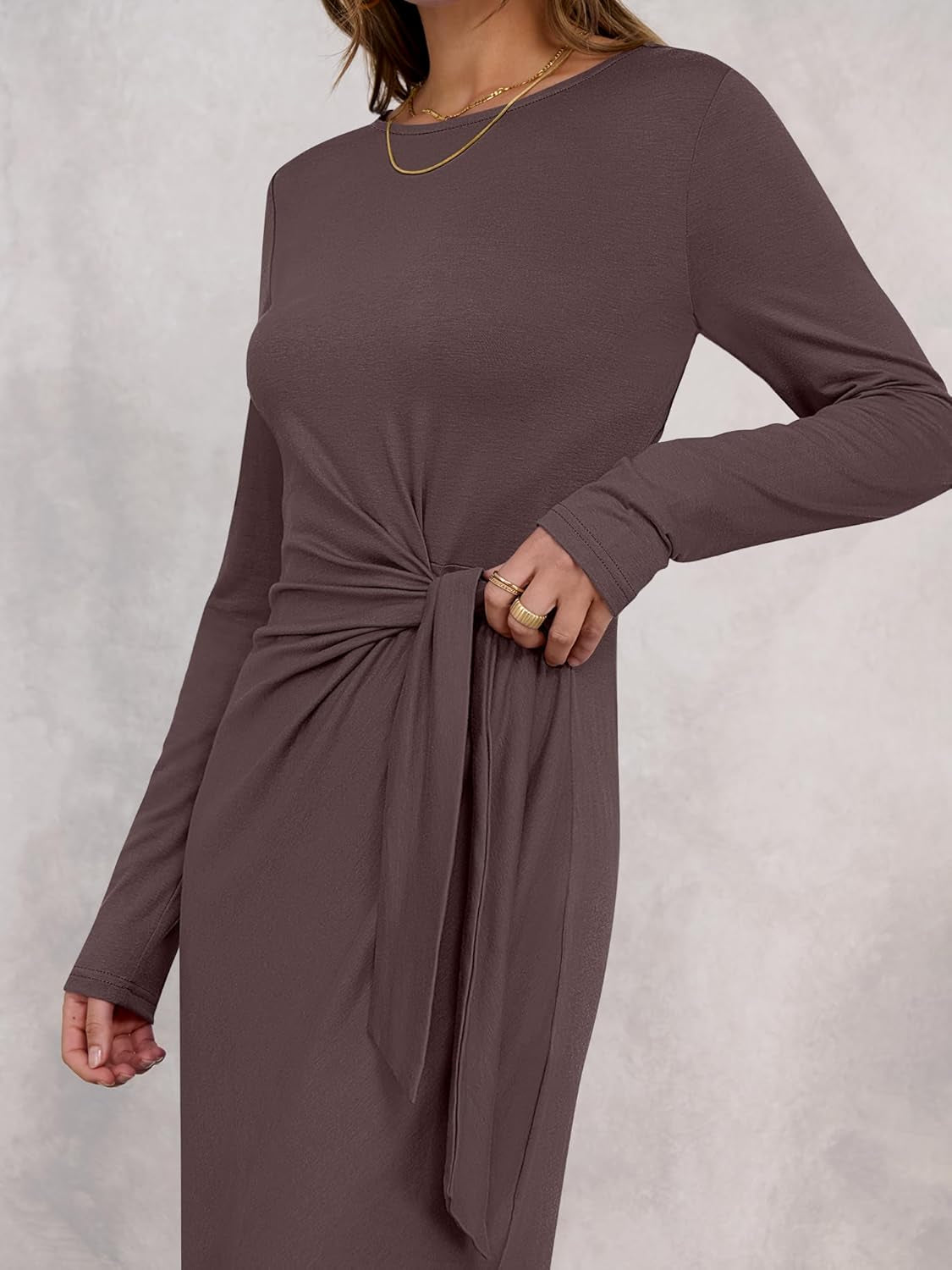 Womens 2025 Fall Long Sleeve Maxi Dress Crewneck Tie Waist Slit Casual Long T Shirt Dresses Winter Trendy Outfits
