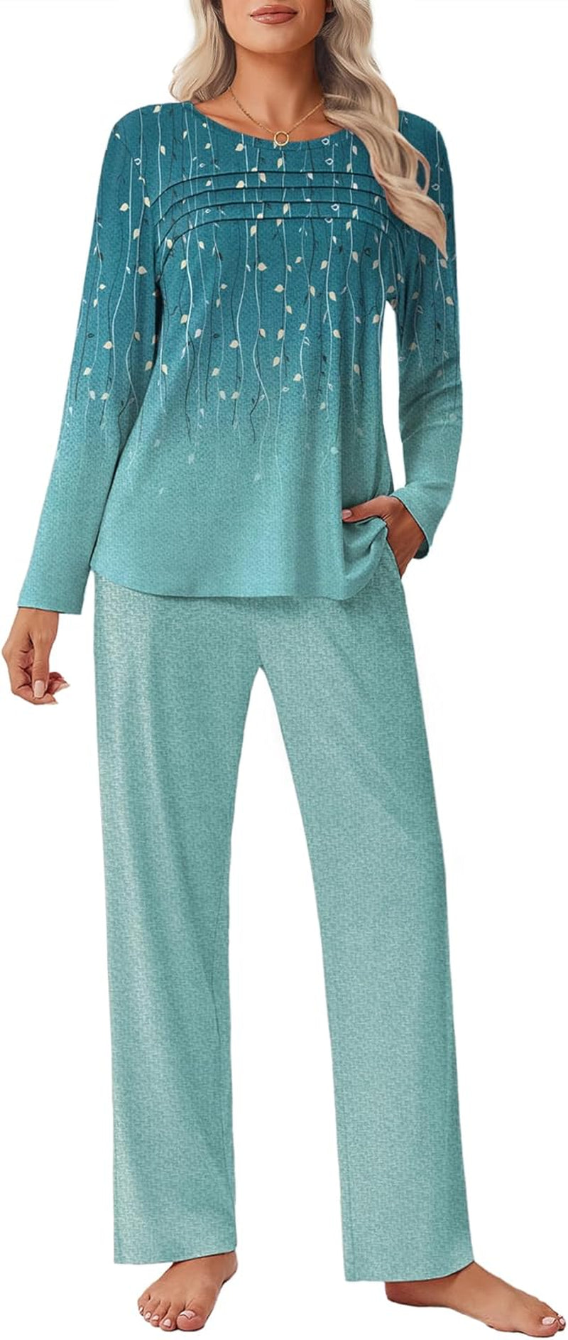 Womens Pajama Sets Pleated Tops with Long Pants Lounge Set Long Sleeve Fall Sleepwear Ladies Pjs S-XXL