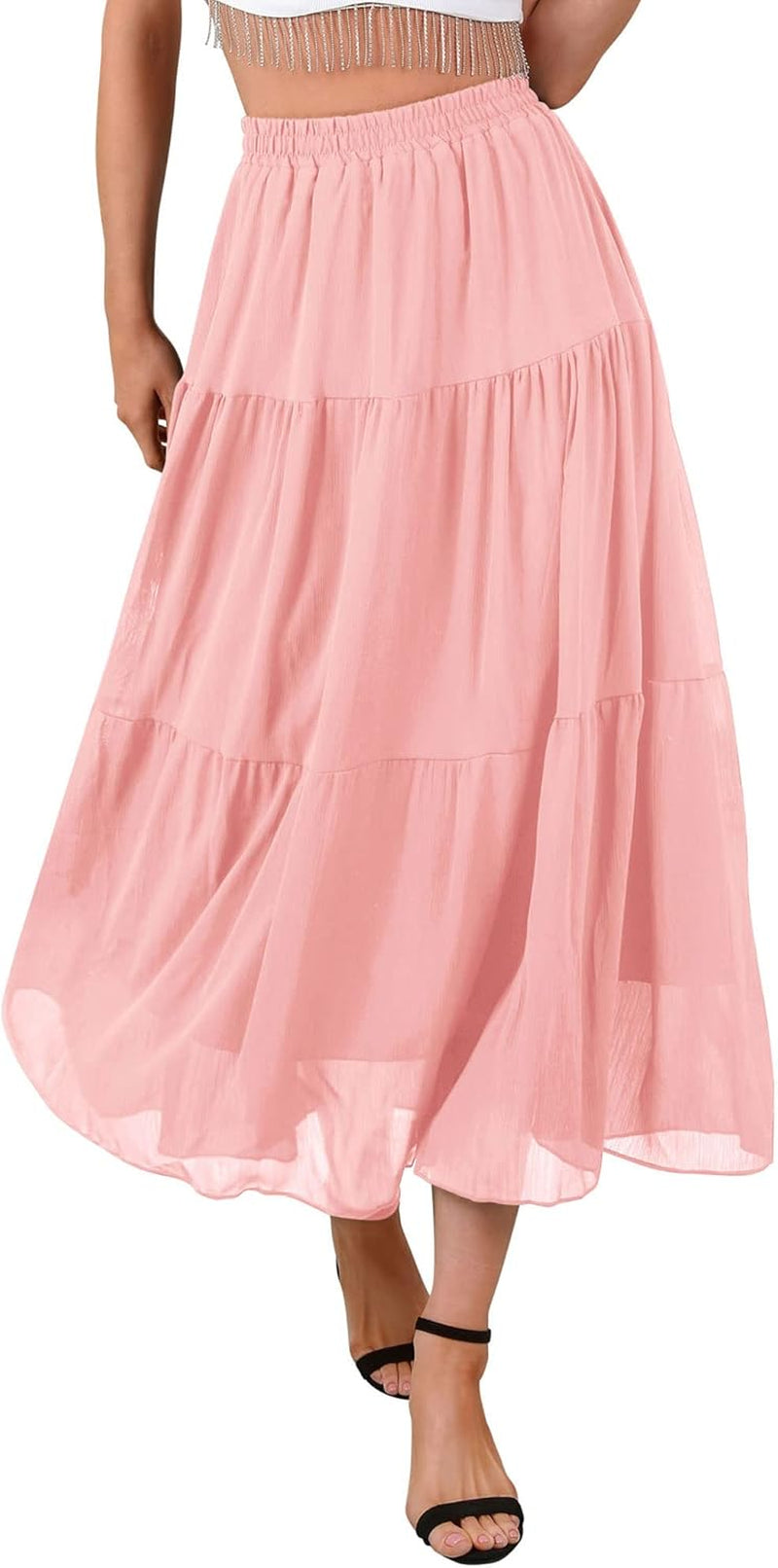 Womens Chiffon Maxi A-Line Skirts Elastic High Waist Ruffle Beach Long Flowy Skirt