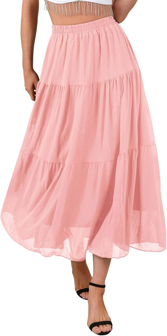 Womens Chiffon Maxi A-Line Skirts Elastic High Waist Ruffle Beach Long Flowy Skirt