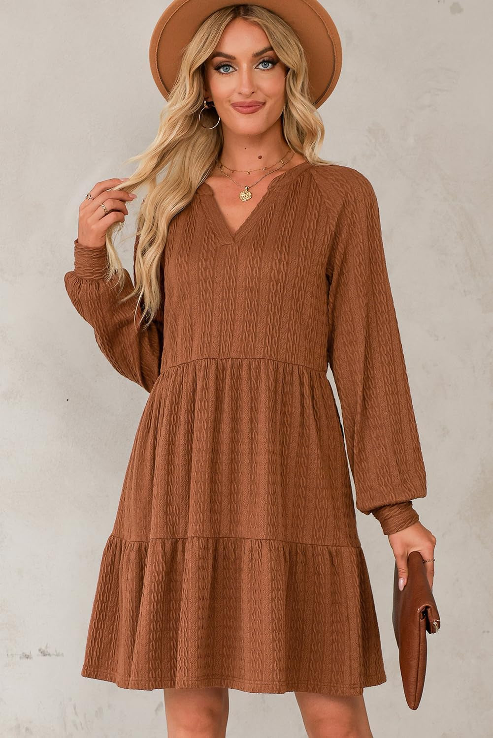 Fall Dresses for Women 2025 Long Sleeve V Neck Textured Casual Lightweight Tiered Ruffle A-Line Mini Babydoll Dress