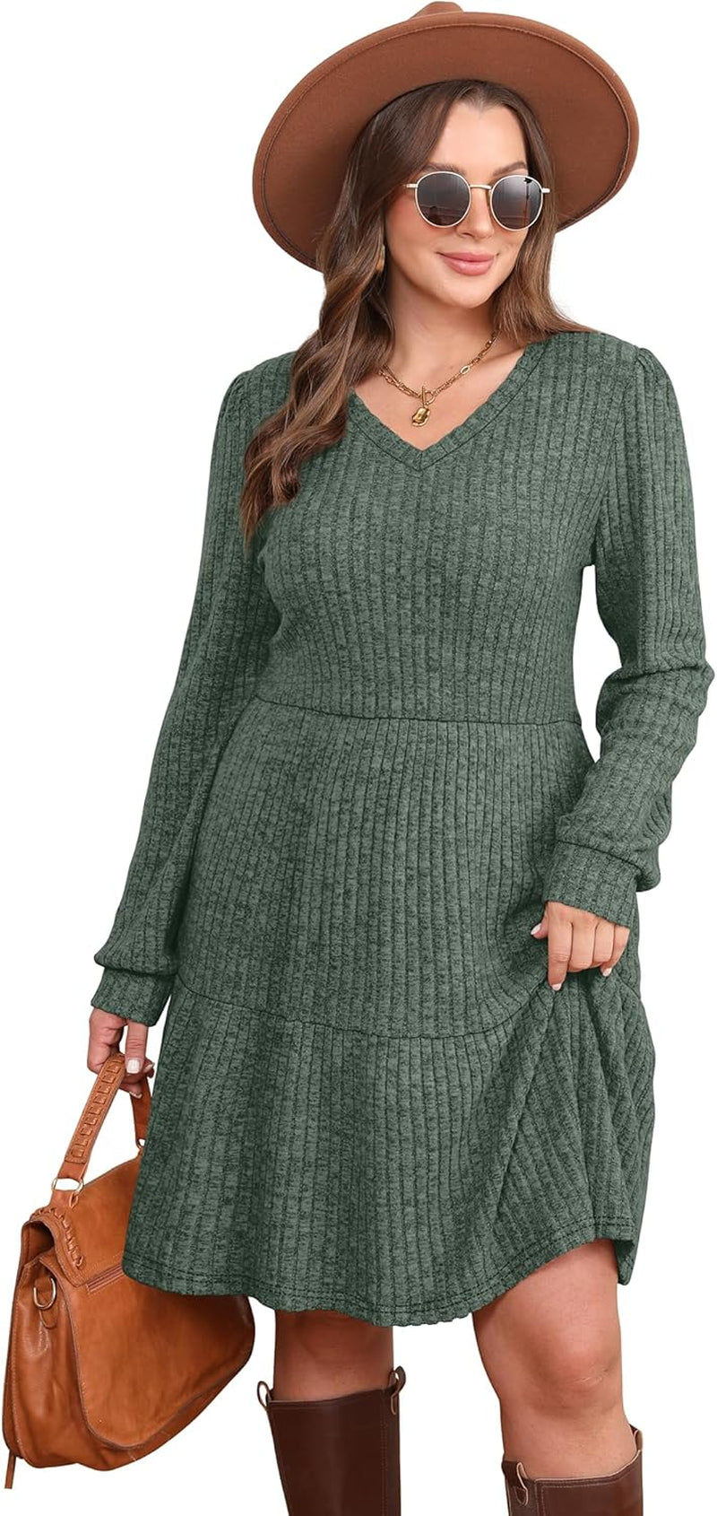 Womens V Neck Long Sleeve Fall Dresses Baby Doll Casual Sweater Dress Fashion Clothes