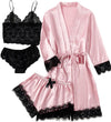 Women'S 4Pcs Sleepwear Satin Floral Lace Trim Cami Pajama Set with Robe