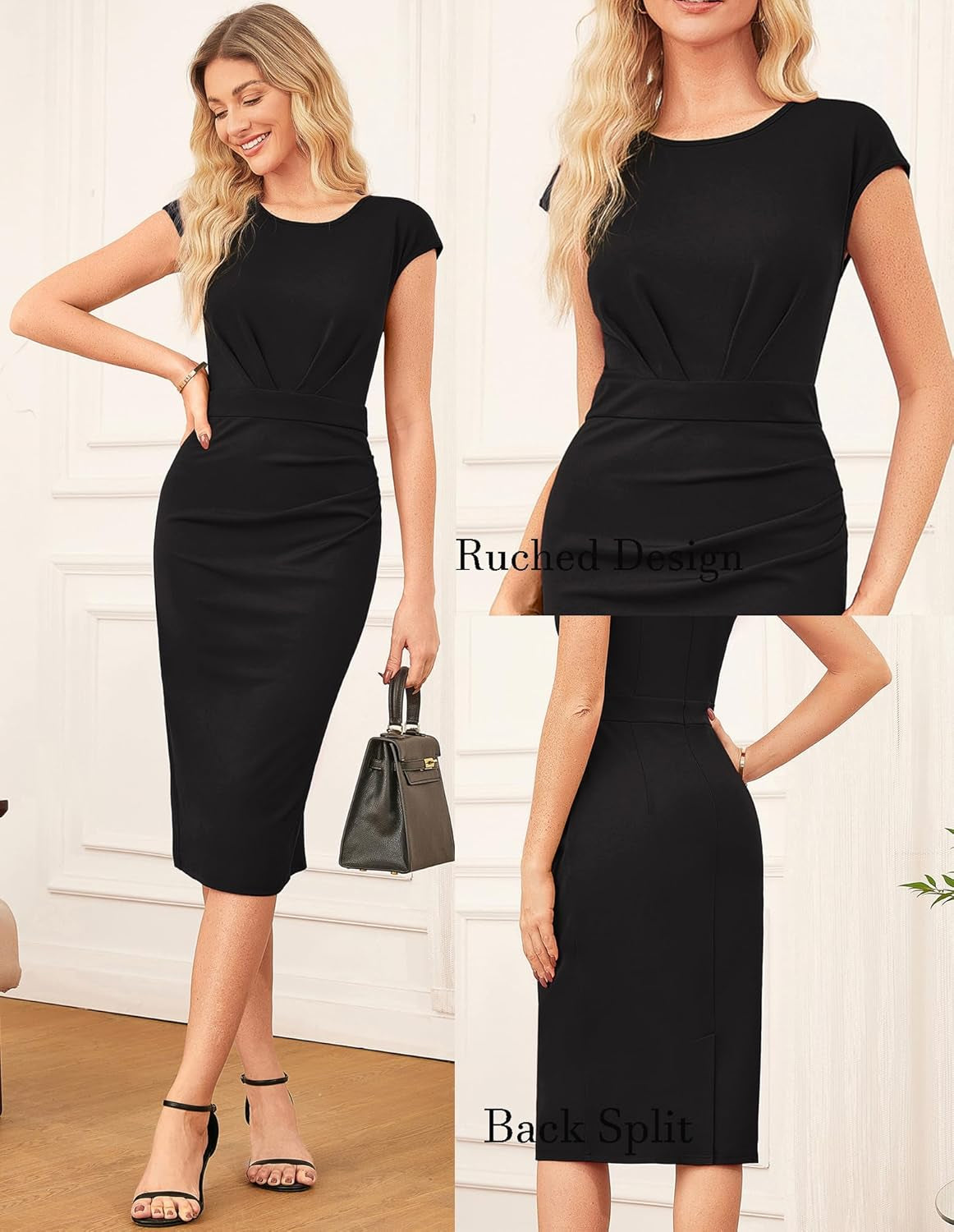 Women'S Wear to Work Dresses 2025 Cap Sleeve Sheath Bodycon Midi Dress Ruched Business Office Pencil Dress