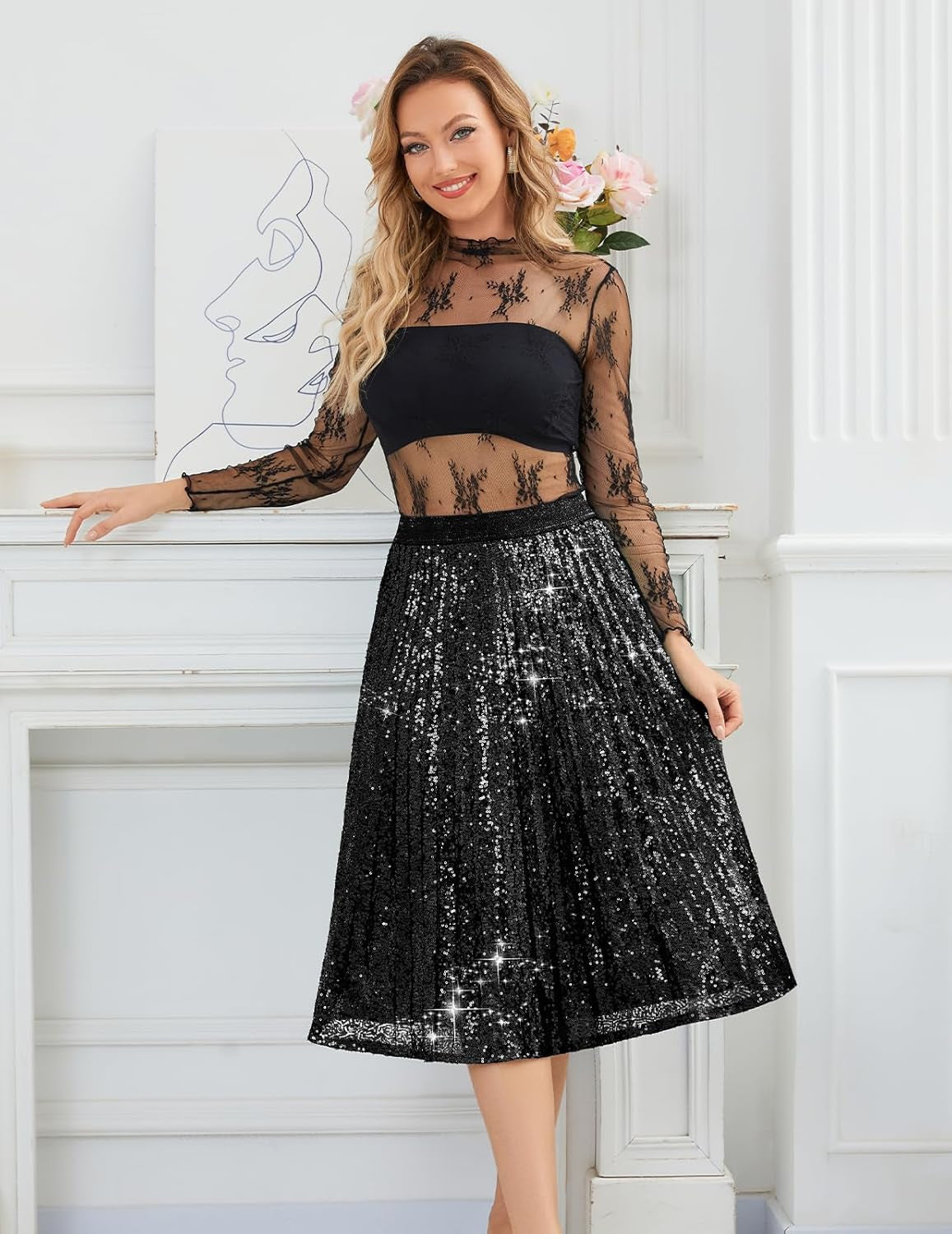 Sequin Skirt Elastic High Waisted A-Line Sparkle Pleated Skirts for Cocktail Party 2025