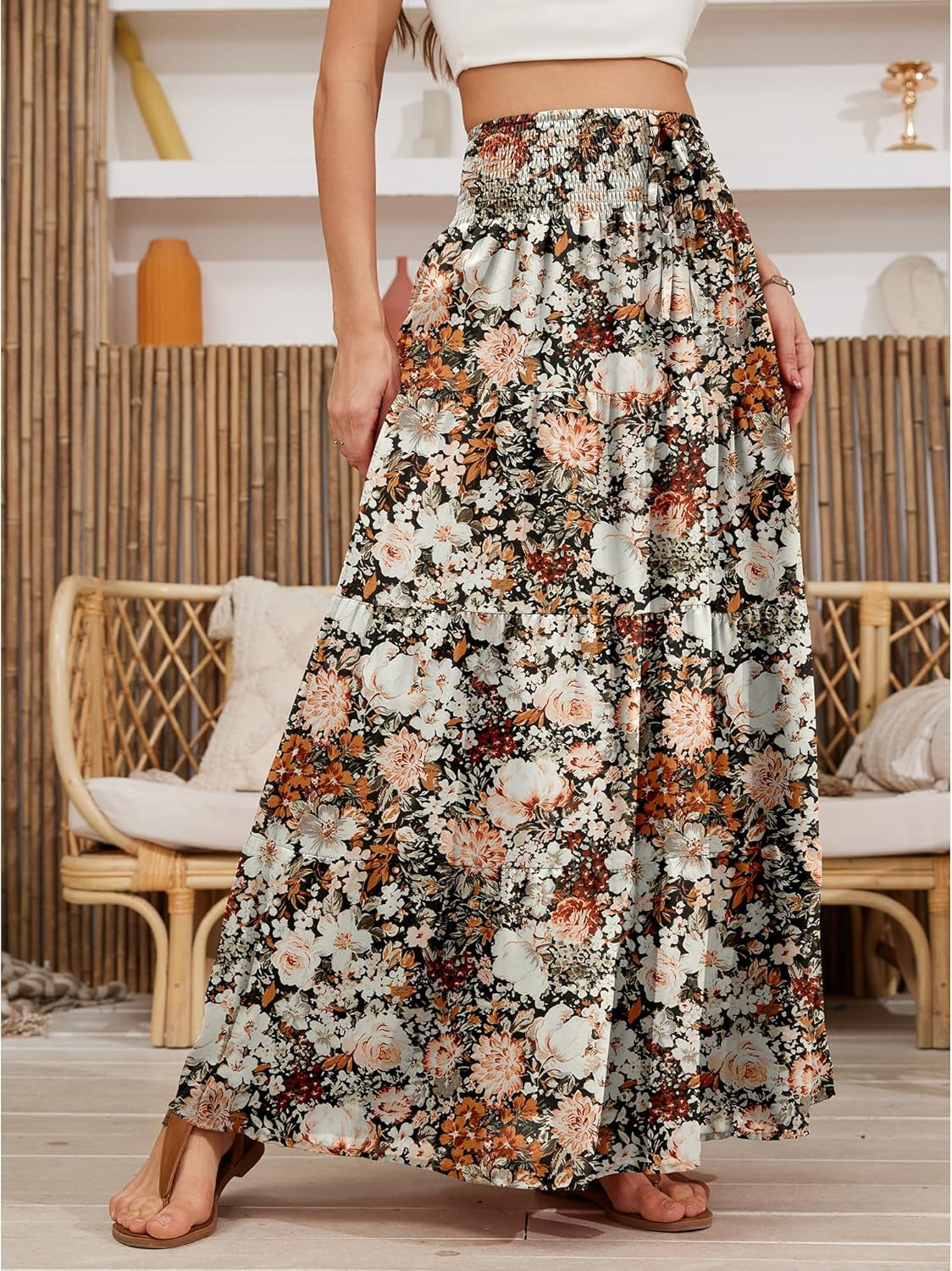 Womens Ruffle Maxi Skirts:High-Waist Elastic Pleated Long Skirt-Summer Casual Boho Flowy Skirts with Drawstring