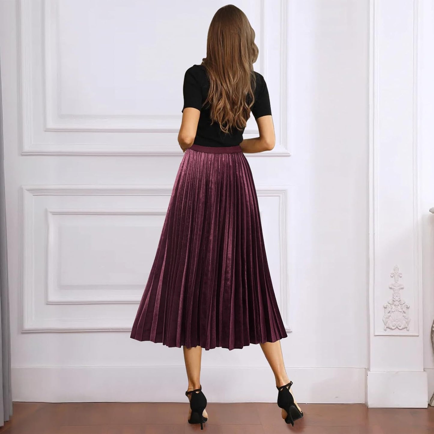 Women'S Pleated A-Line High Waist Swing Flare Midi Skirt