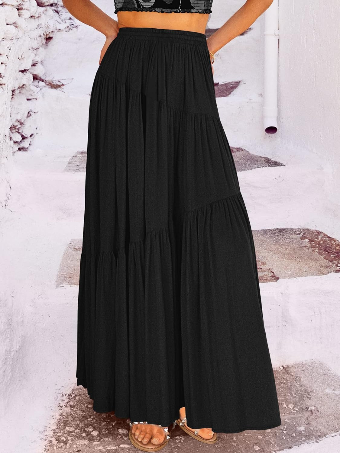 Women’S Boho Elastic High Waist Pleated A-Line Flowy Swing Asymmetric Tiered Maxi Long Skirt Dress with Pockets