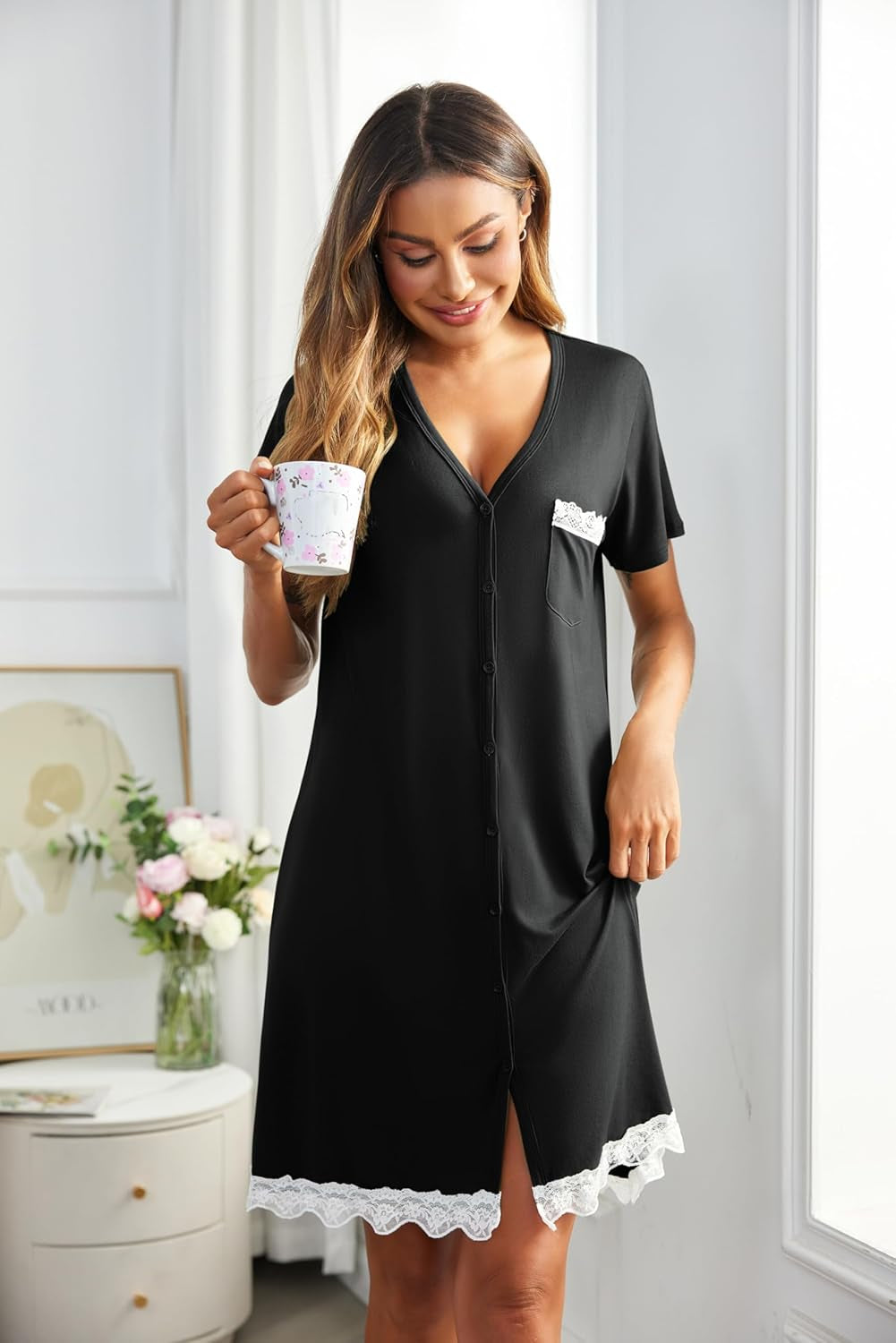 Women Striped Nightgowns Button down Sleepshirts Short Sleeves Nightshirts