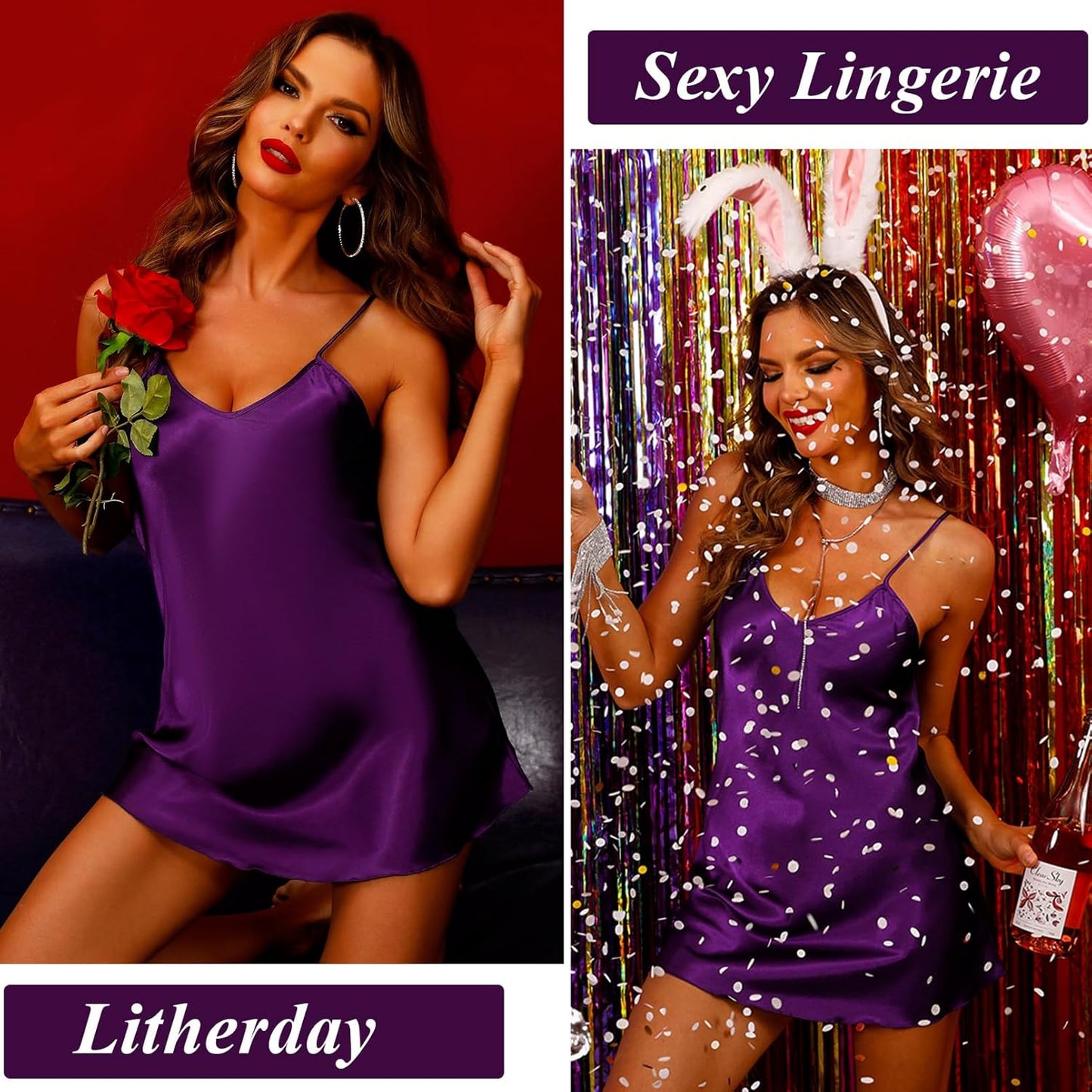 Women'S 3 Pack Satin Nightgown Silk Mini Slips Sexy V Neck Negligee Lingerie Dress Chemise Nightwear