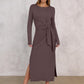 Womens 2025 Fall Long Sleeve Maxi Dress Crewneck Tie Waist Slit Casual Long T Shirt Dresses Winter Trendy Outfits