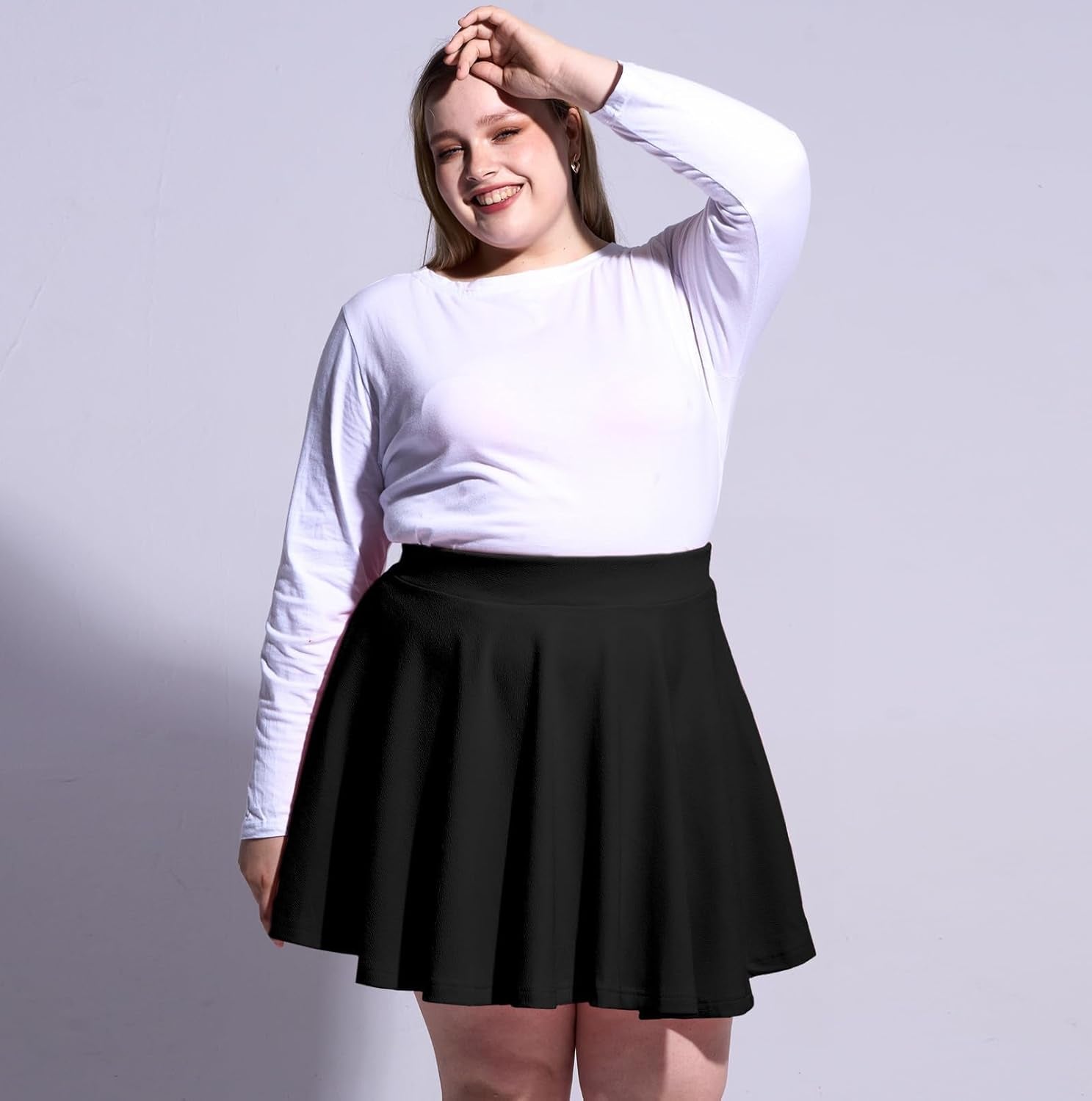 Women'S plus Size Mini Skater Skirt- Basic Versatile High Waisted Flared Casual Stretchy Skirts