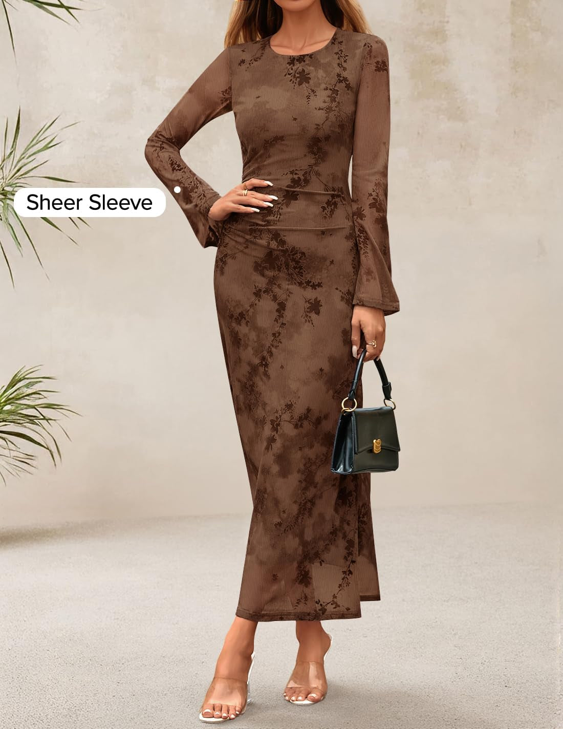 Women'S Long Sleeve Floral Bodycon Dress 2025 Fall Fashion Ruched Mesh Wedding Guest Cocktail Party Maxi Dresses