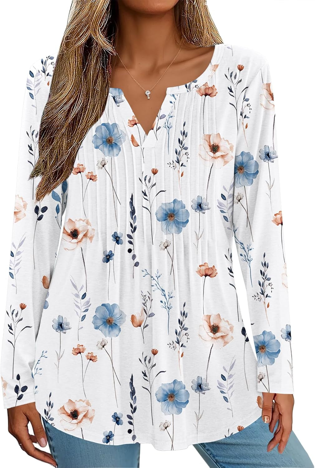 Womens Long Sleeve Tops 2025 V Neck Pleated Shirts Dressy Casual Tunic Blouses Loose Fit Fall Fashion Clothes