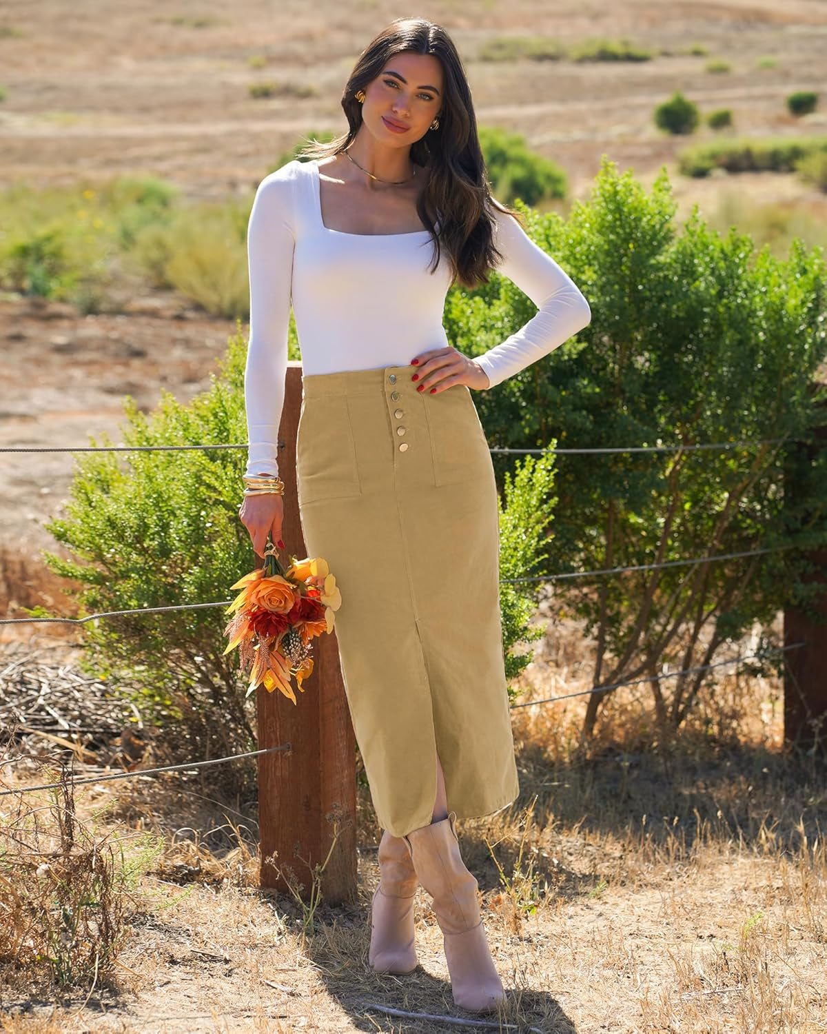 Corduroy Skirts for Women Midi Length High Waisted Button Fly Fall Casual Elastic Waist Long Skirt with Slit