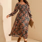 Women'S plus Size Fall Dress Long Sleeve Square Neck Floral Print Smocked a Line Boho Flowy Maxi Dresses with Pockets