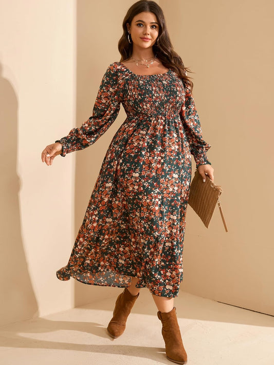 Women'S plus Size Fall Dress Long Sleeve Square Neck Floral Print Smocked a Line Boho Flowy Maxi Dresses with Pockets