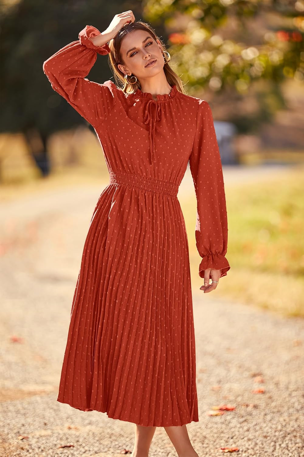 Women'S 2025 Spring Fall Midi Dress Casual Long Sleeve V Neck Swiss Dot Pleated a Line Flowy Dresses