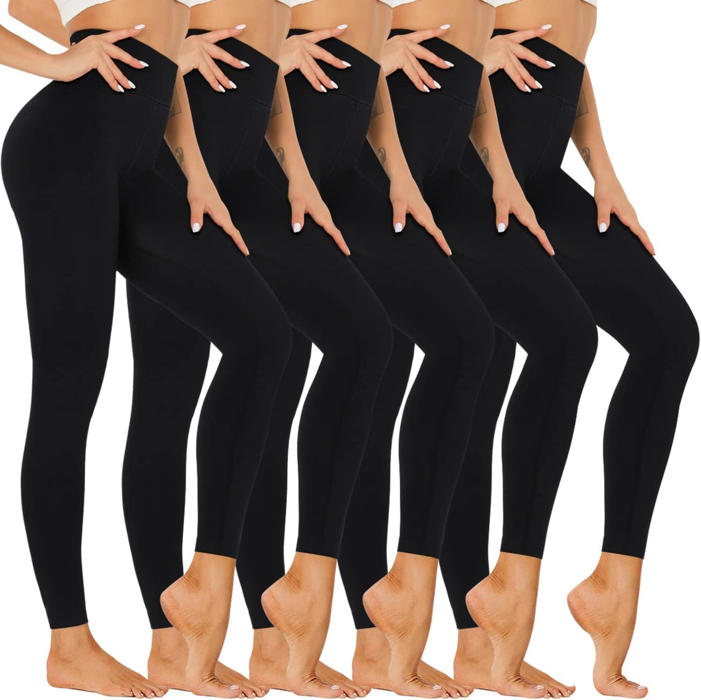 5 Pack Leggings for Women-High Waisted Tummy Control Soft Casual Workout Black Yoga Pants with Pockets