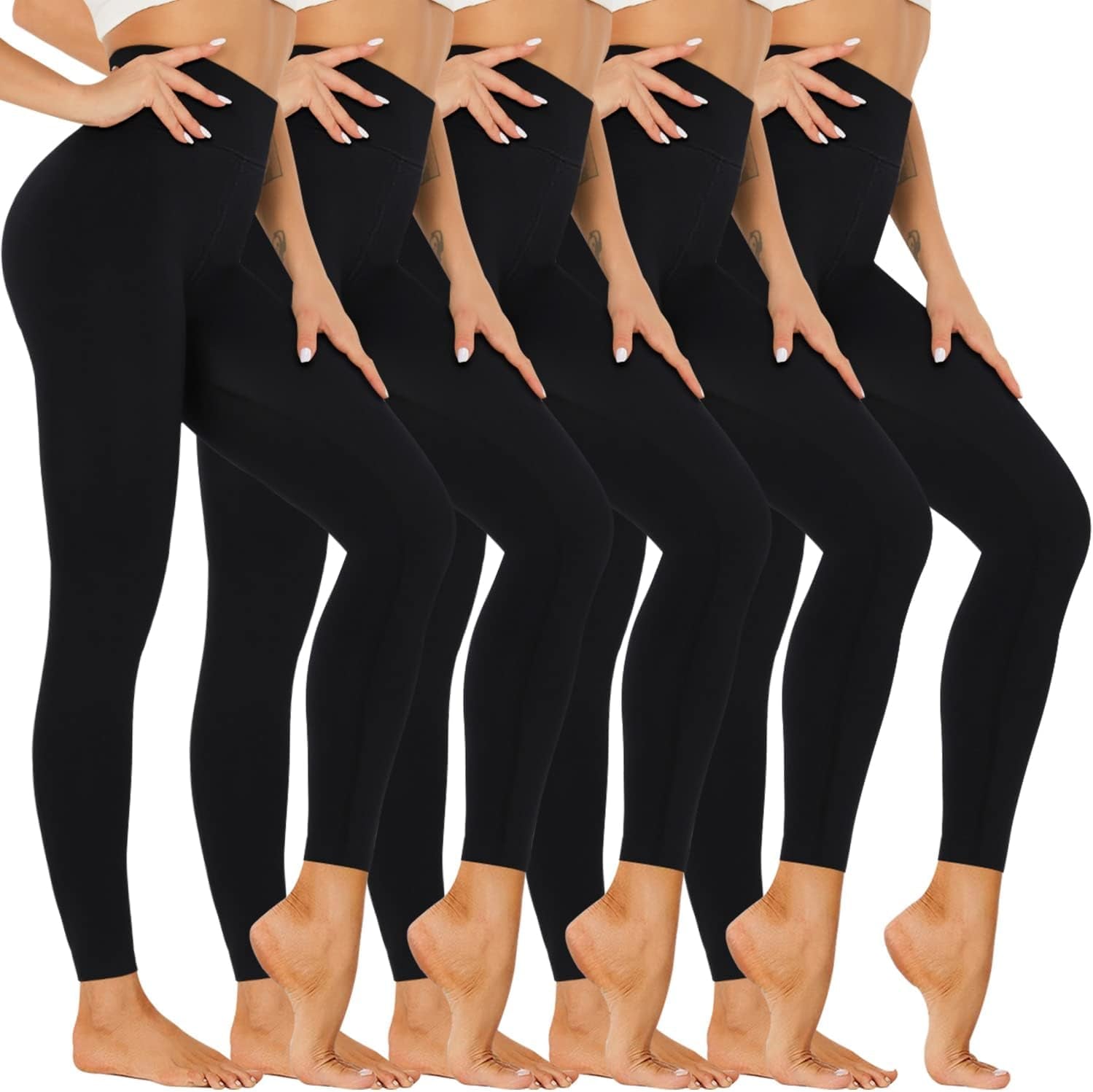 5 Pack Leggings for Women-High Waisted Tummy Control Soft Casual Workout Black Yoga Pants with Pockets