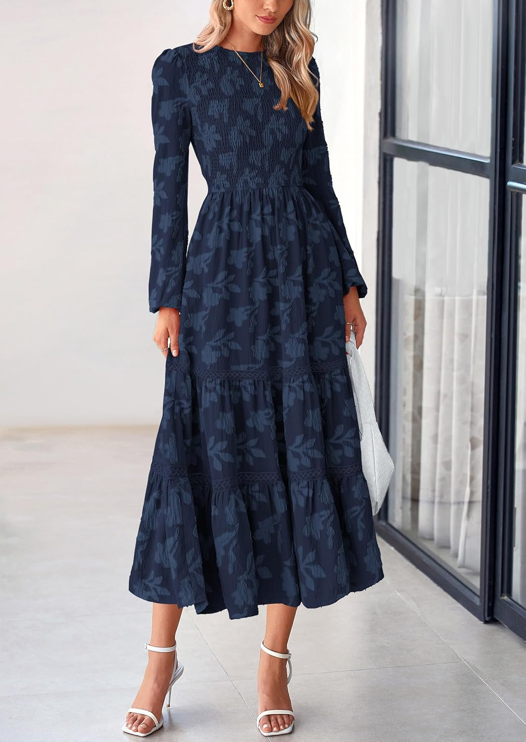 Long Sleeve Dress for Women 2025 Fall Elegant Modest Floral Boho Smocked Flowy Wedding Guest Midi Dresses