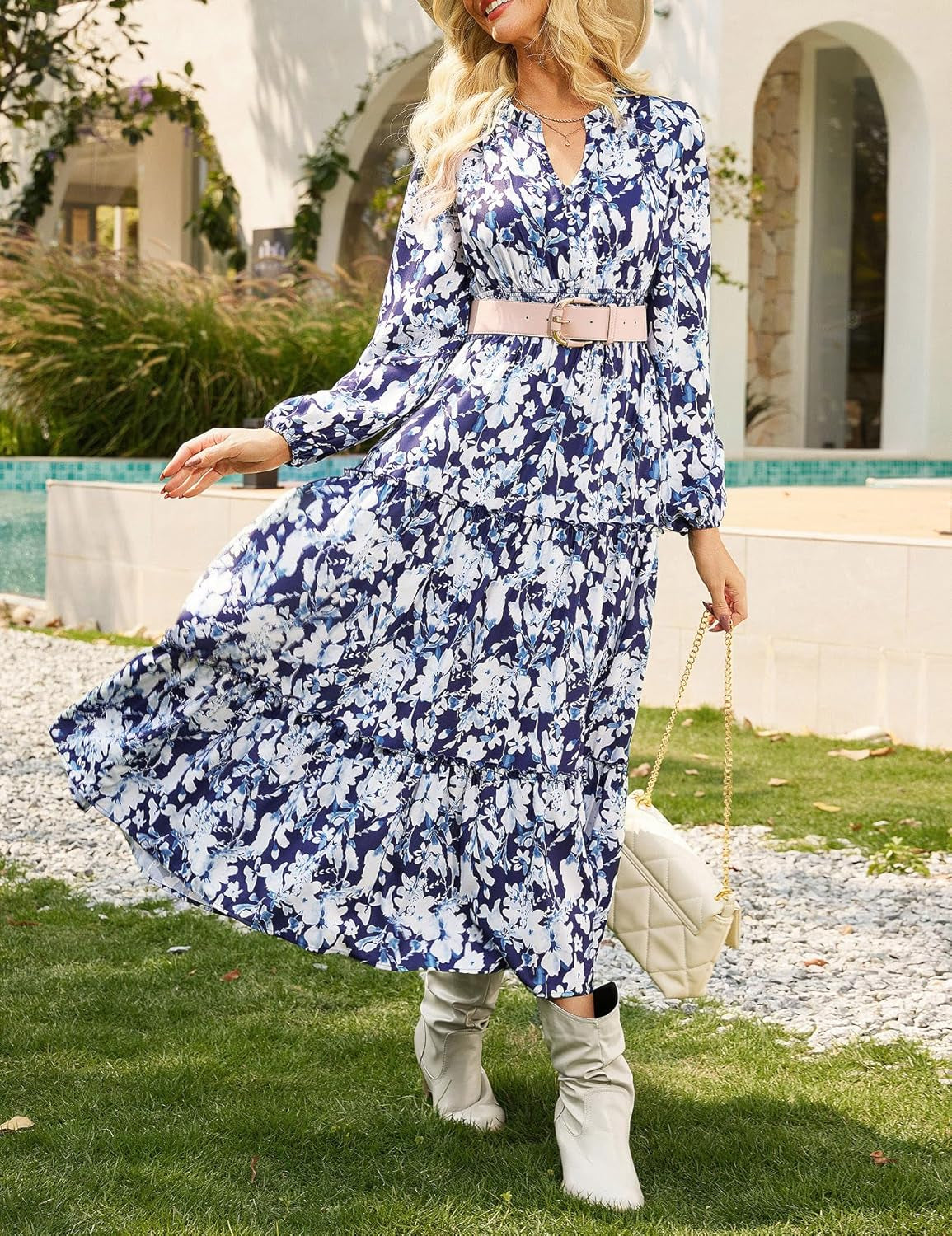 Women Floral Maxi Dress,2025 Fall Long Sleeve Casual Dresses,V Neck Boho Flowy Elegant Dress with Pockets