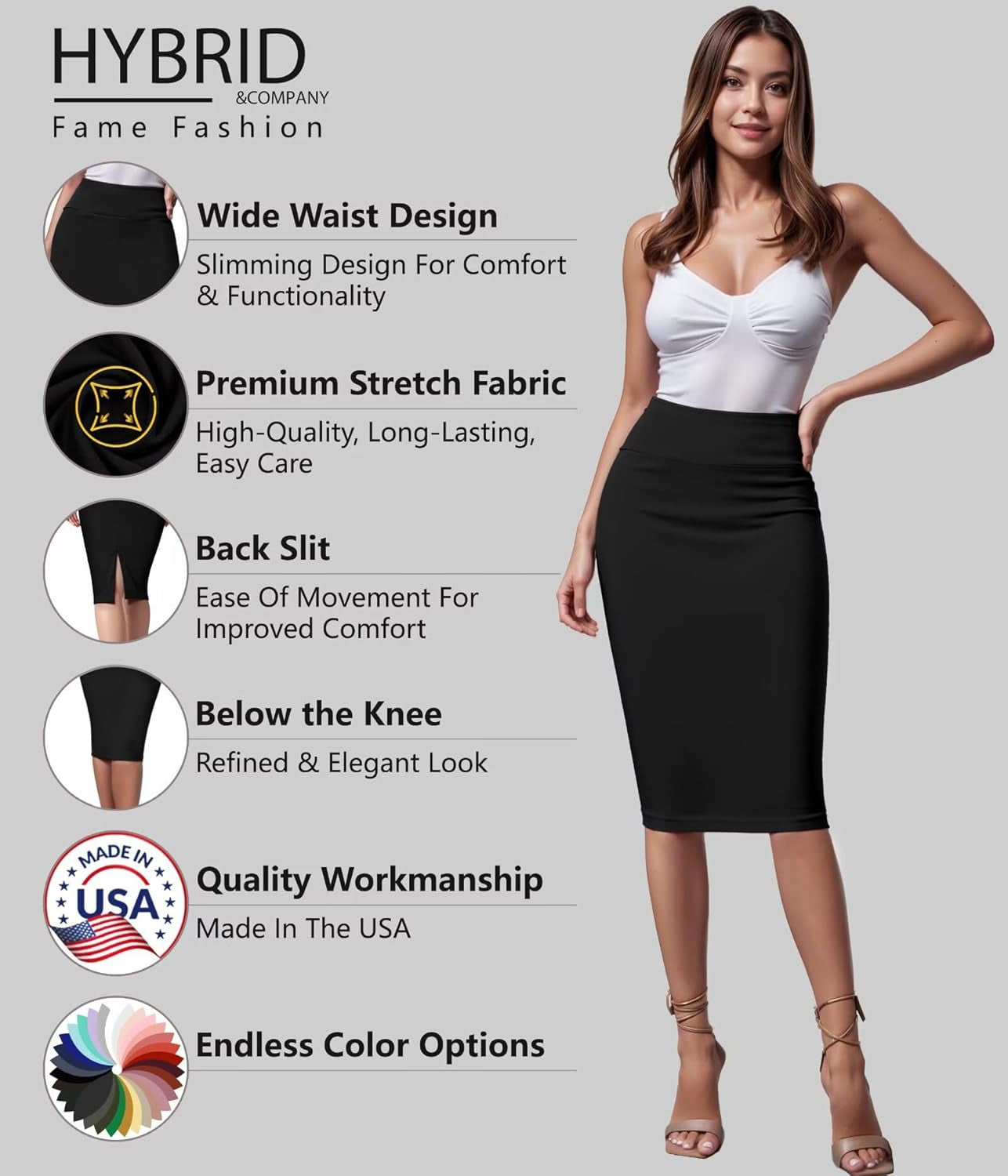 Women'S Premium Nylon Ponte Stretch High Waist Pencil Suit Skirt below Knee