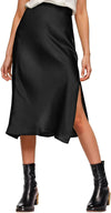Womens Satin Silk High Waist Slit Midi Skirt Elastic Waistband Midi Skirts for Women
