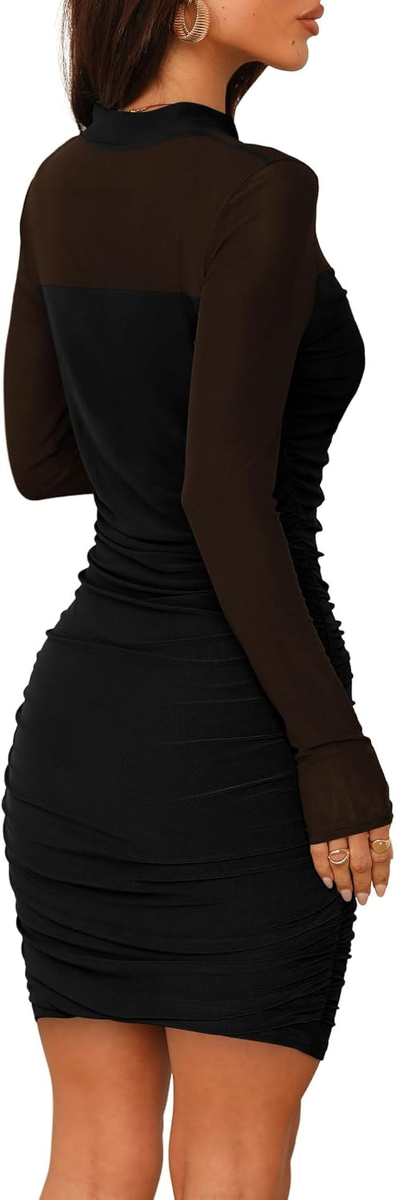 Women'S Mesh Sheer Long Sleeve Ruched Mini Dress Sexy Bodycon Mock Neck Cocktail Party Club Dresses 2025