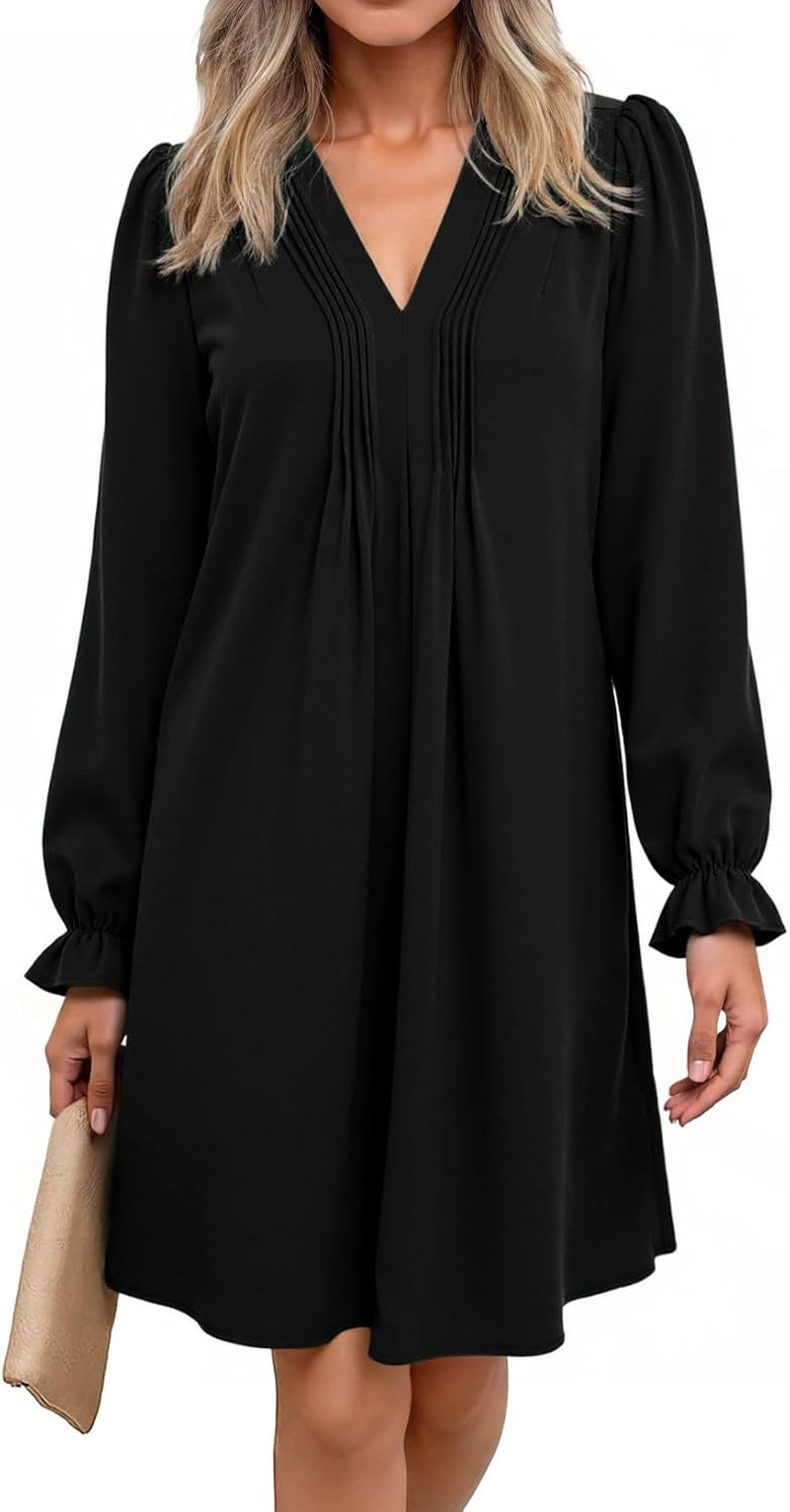 Womens Casual Dress A-Line Ruffle Sleeve V Neck Midi Dress 2025 Fashion Pleated Flowy Sundress Loose Shirt Dresses