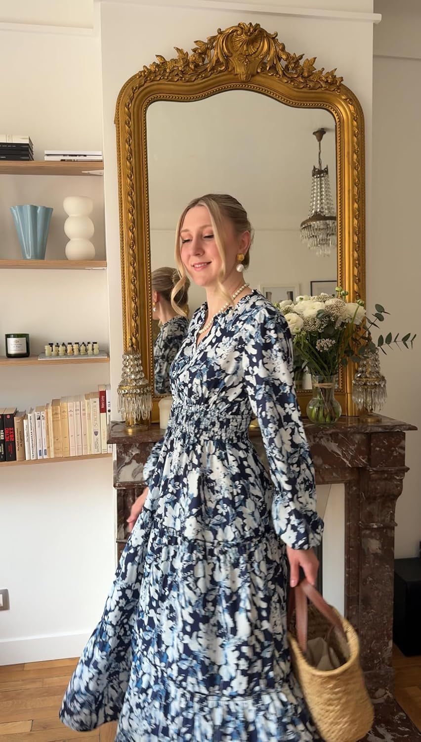 Women Floral Maxi Dress,2025 Fall Long Sleeve Casual Dresses,V Neck Boho Flowy Elegant Dress with Pockets