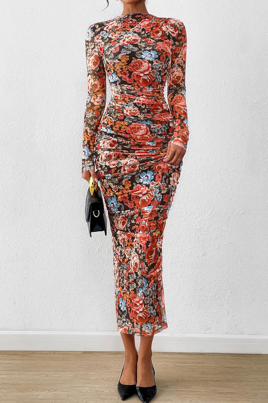 Women'S Long Sleeve Maxi Dress 2025 Fall Ruched Bodycon Floral Mesh Formal Wedding Guest Cocktail Party Dresses