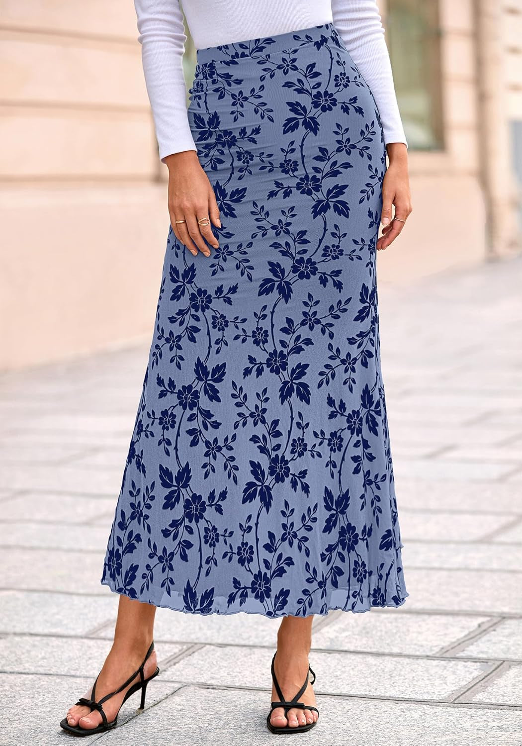 Womens Floral Mesh Maxi Skirt Elastic High Waisted Boho Elegant Mermaid 2025 Summer Fall Long Skirts for Women