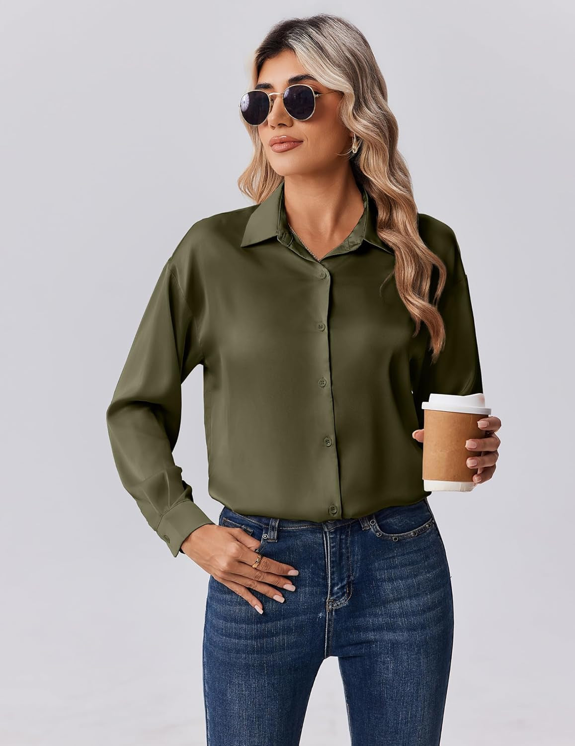 Womens Tops Long Sleeve Satin Silk Button down Shirts Casual Business Dressy Blouses Fall Clothes