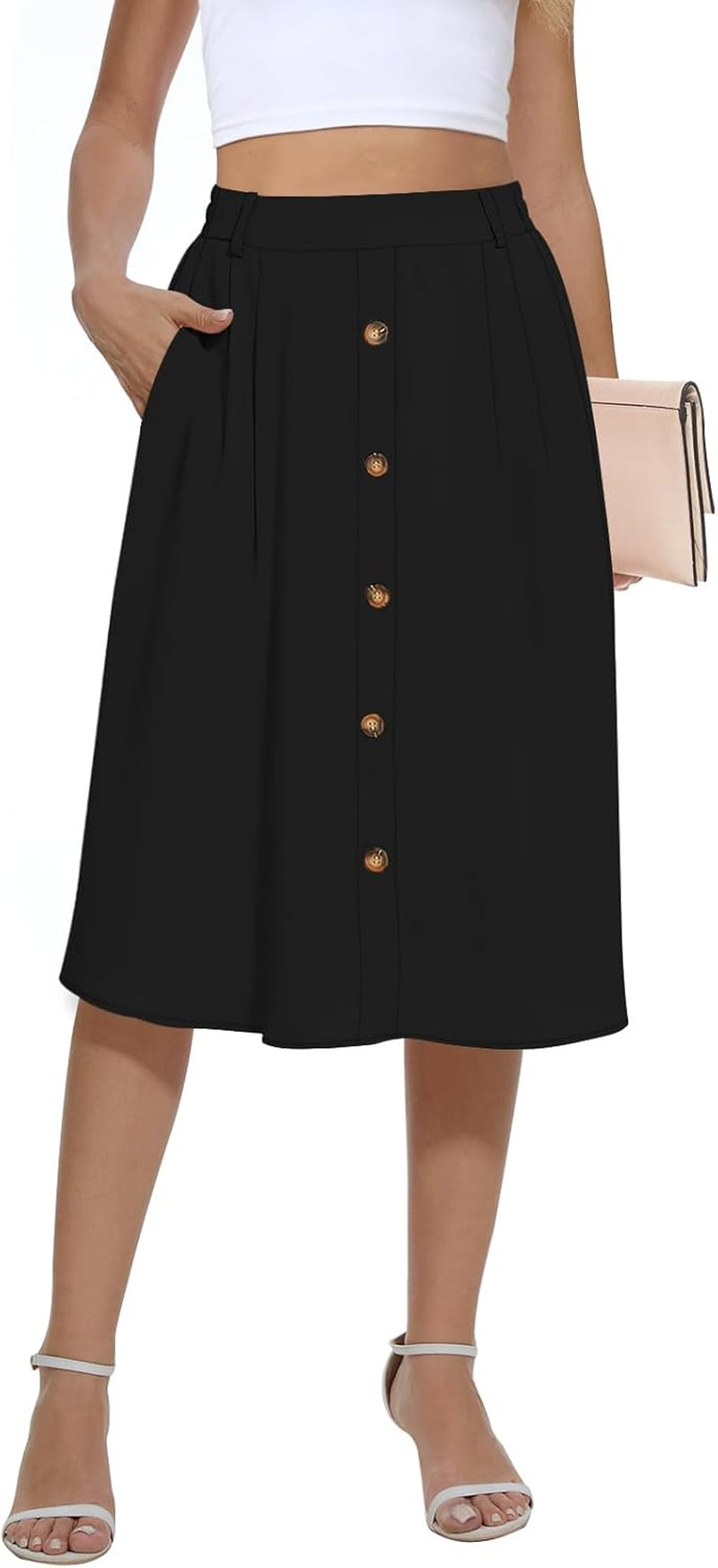 Women'S Flowy Midi Skirt Summer Pleated High Waisted Casual Button Front Skirts with Pockets