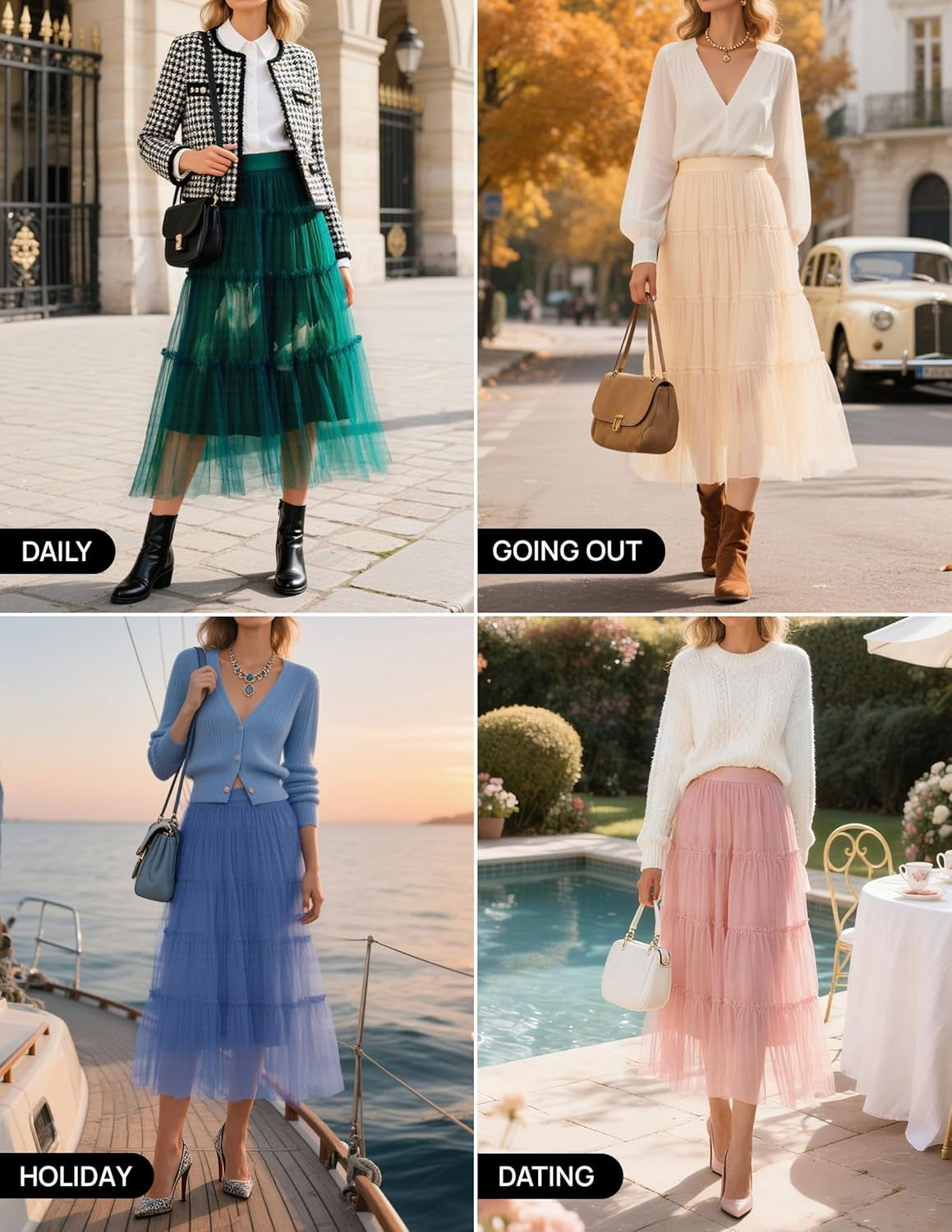 Women'S Tulle Maxi Skirt A-Line Flowy Ruffle Tiered Elastic High Waist 2025 Fall Fahion Midi Long Skirts