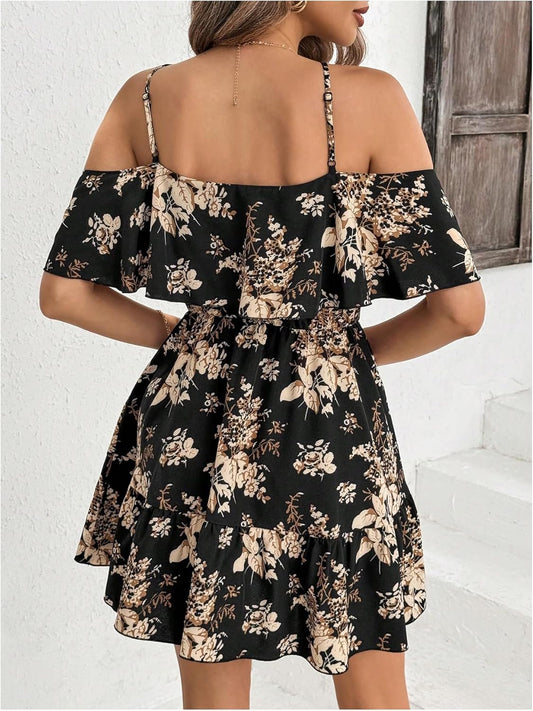 Women'S Boho Floral Print Cold Shoulder Dress Short Sleeve Ruffle a Line Vacation Elegant Mini Dresses