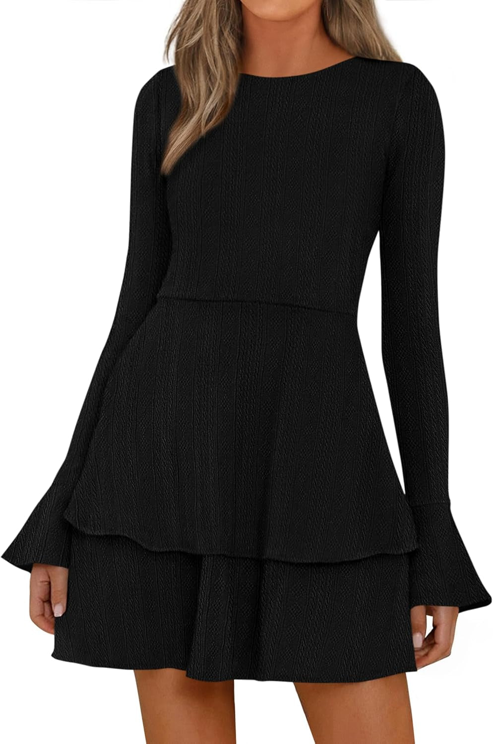 Womens Fall Fashion 2025 Long Bell Sleeve Mini Sweater Dress Casual Crewneck a Line Knit Short Cocktail Dresses